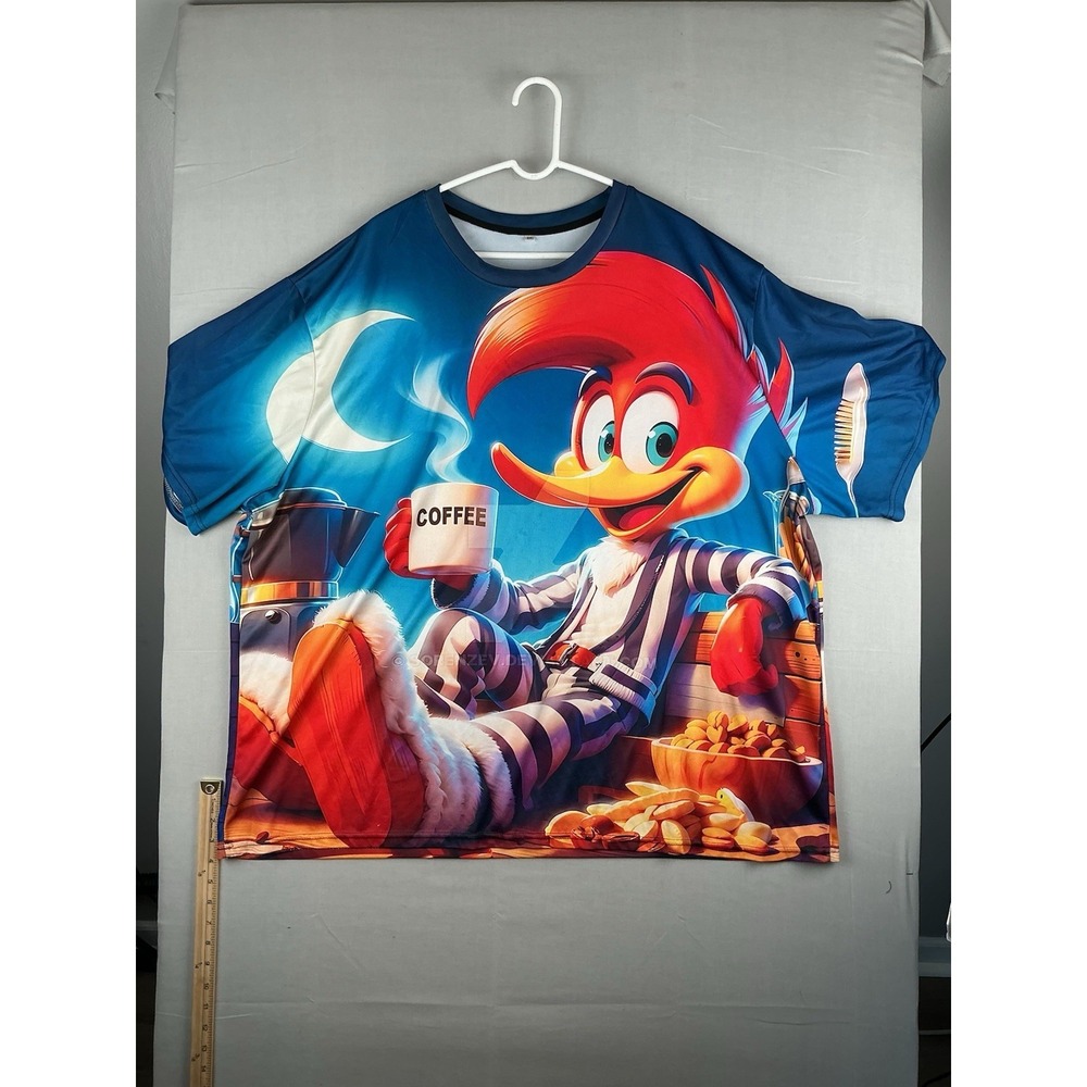 Woody Woodpecker Coffee T Shirt Men's 6XL Blue Graphic Tee